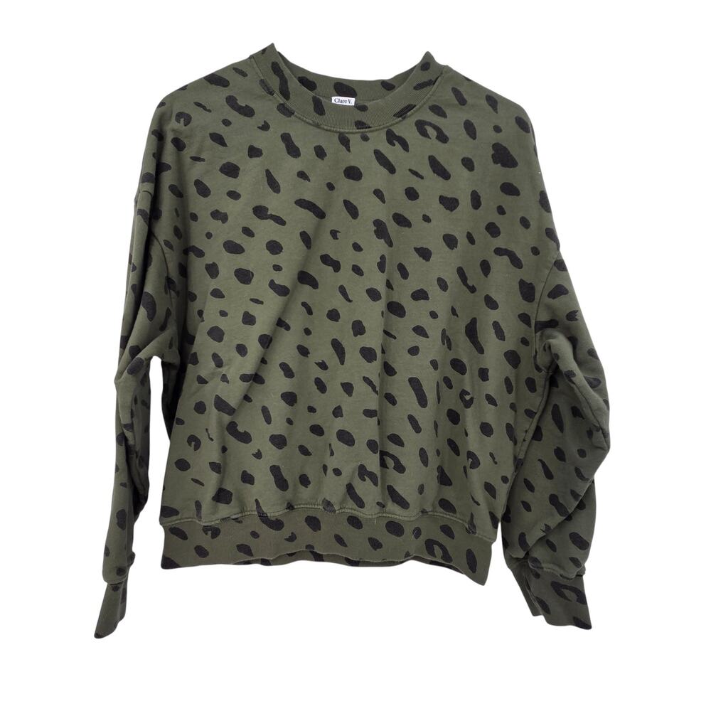 CLARE V. MEDIUM COTTON DALMATION ANIMAL PRINT CREW NECK FLEECE SWEATER